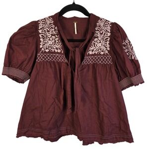 Free People Embroidered Top Burgundy Blouse Short Sleeve Tie‎ Neck Boho XS